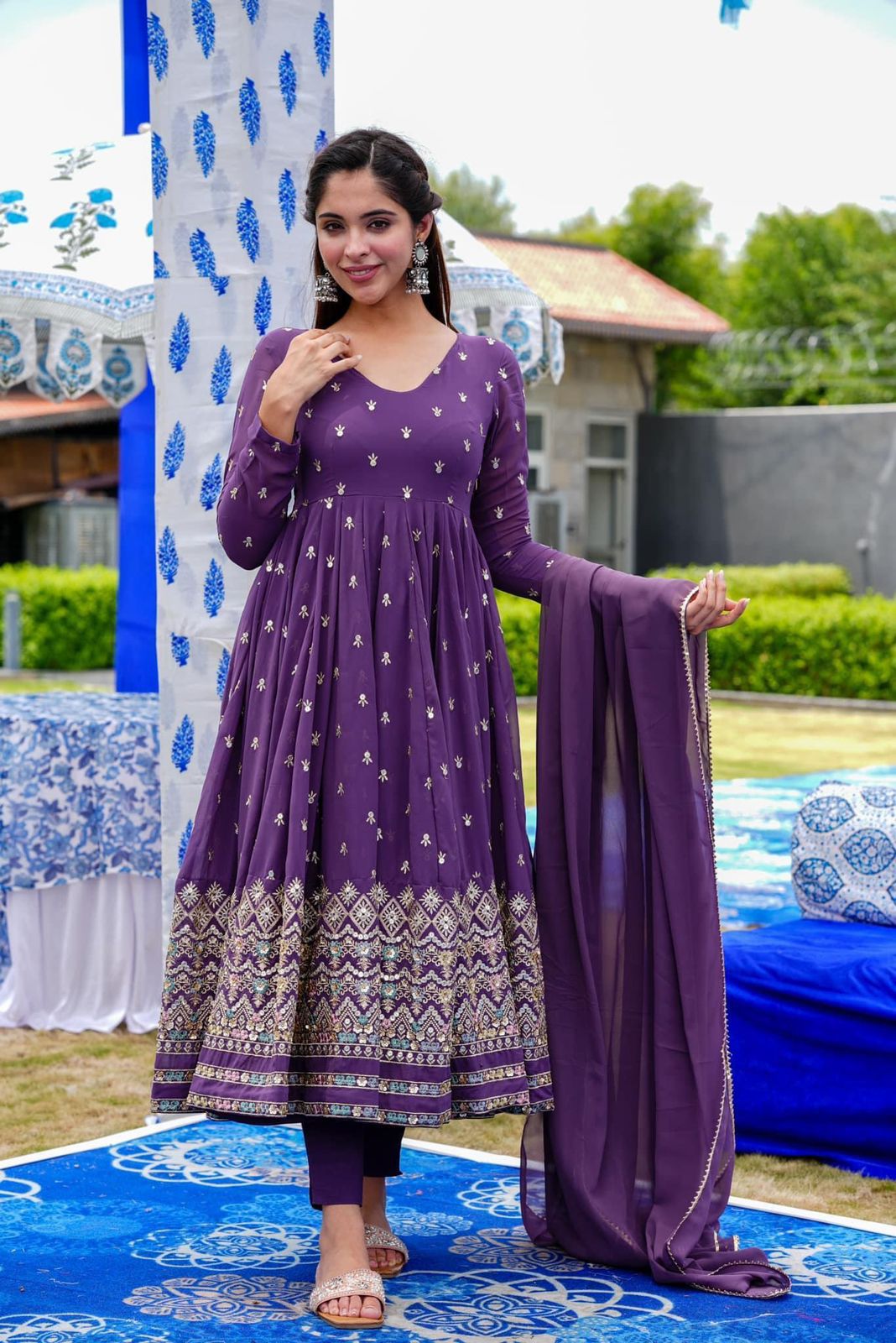 Lavender-Green Aarohi Fox Georgette Gown Dupatta Set