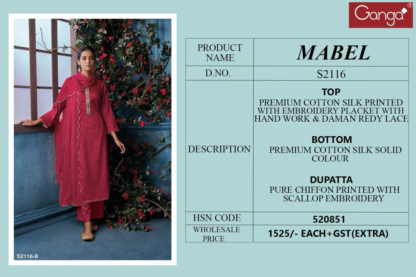 Mabel 2116 Ganga Cotton Silk Plazzo Style Suits