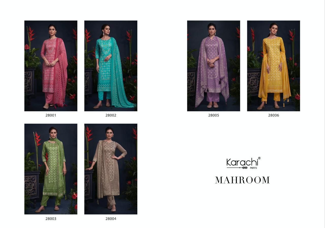 Mahroom Karachi Prints Jaam Satin Pant Style Suits