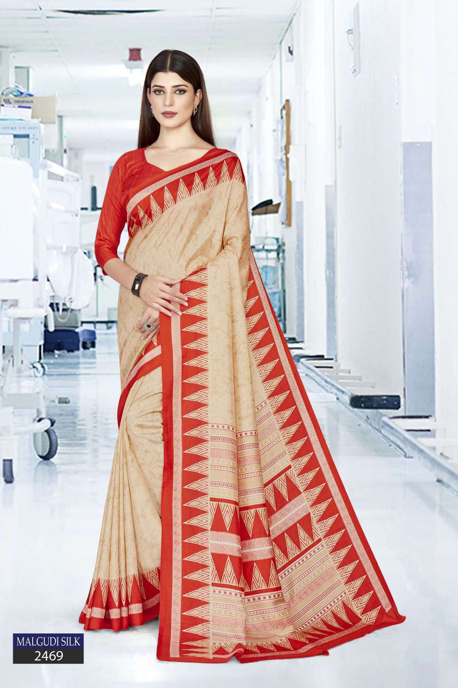 Vimla Prints Women's Red Malgudi Art Silk Uniform Saree with Blouse  (6768_Red) at Rs 399 | Surat Textile Market | Surat | ID: 26185150230