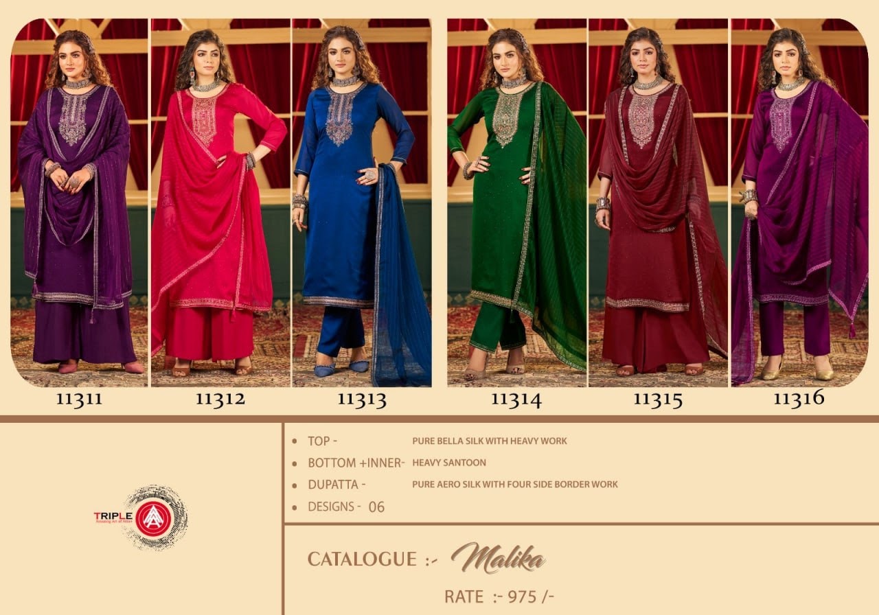 Malika Triple Aaa Silk Plazzo Style Suits