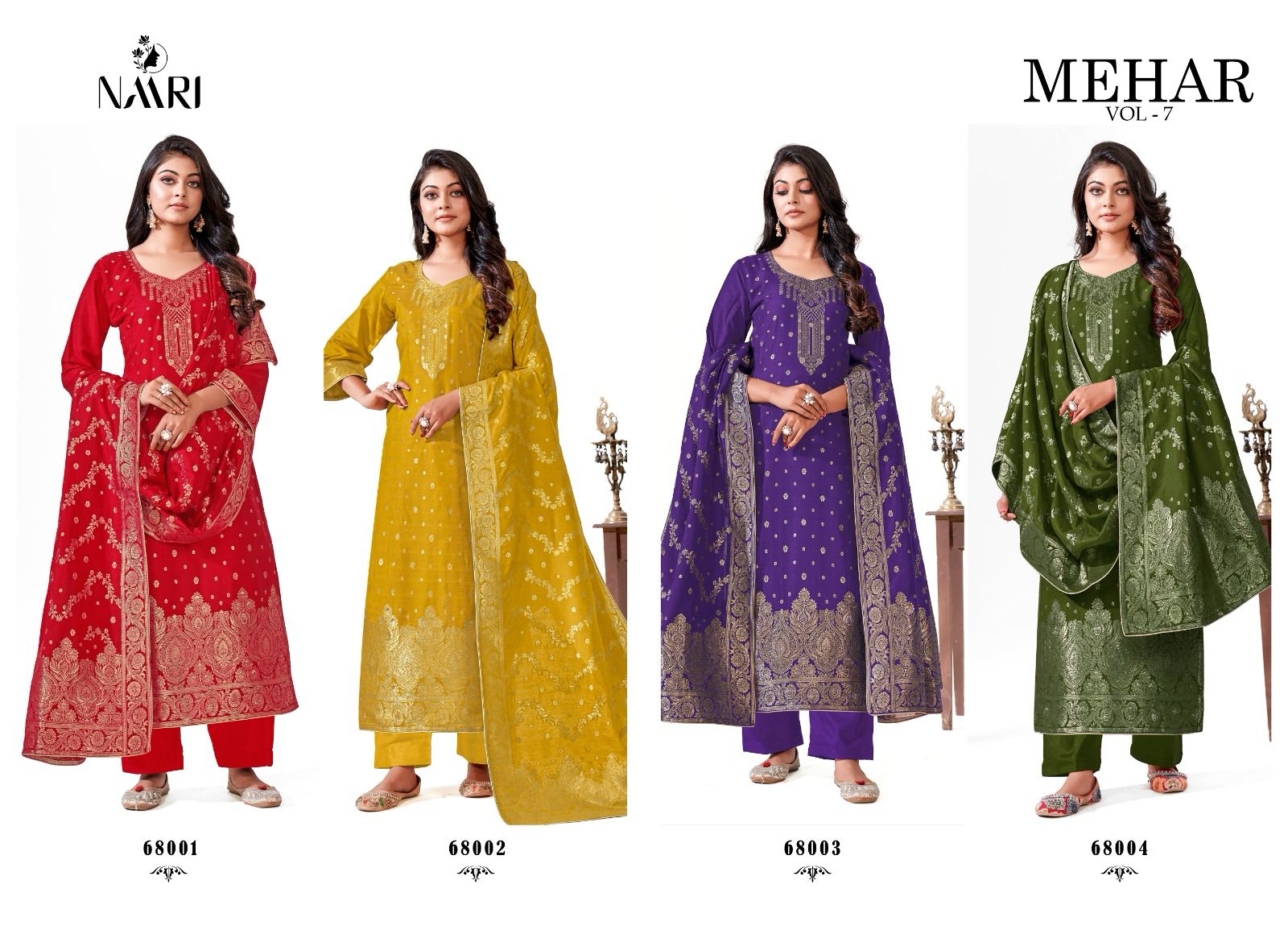 Mehar Vol 7 Naari Muslin Jacquard Pant Style Suits