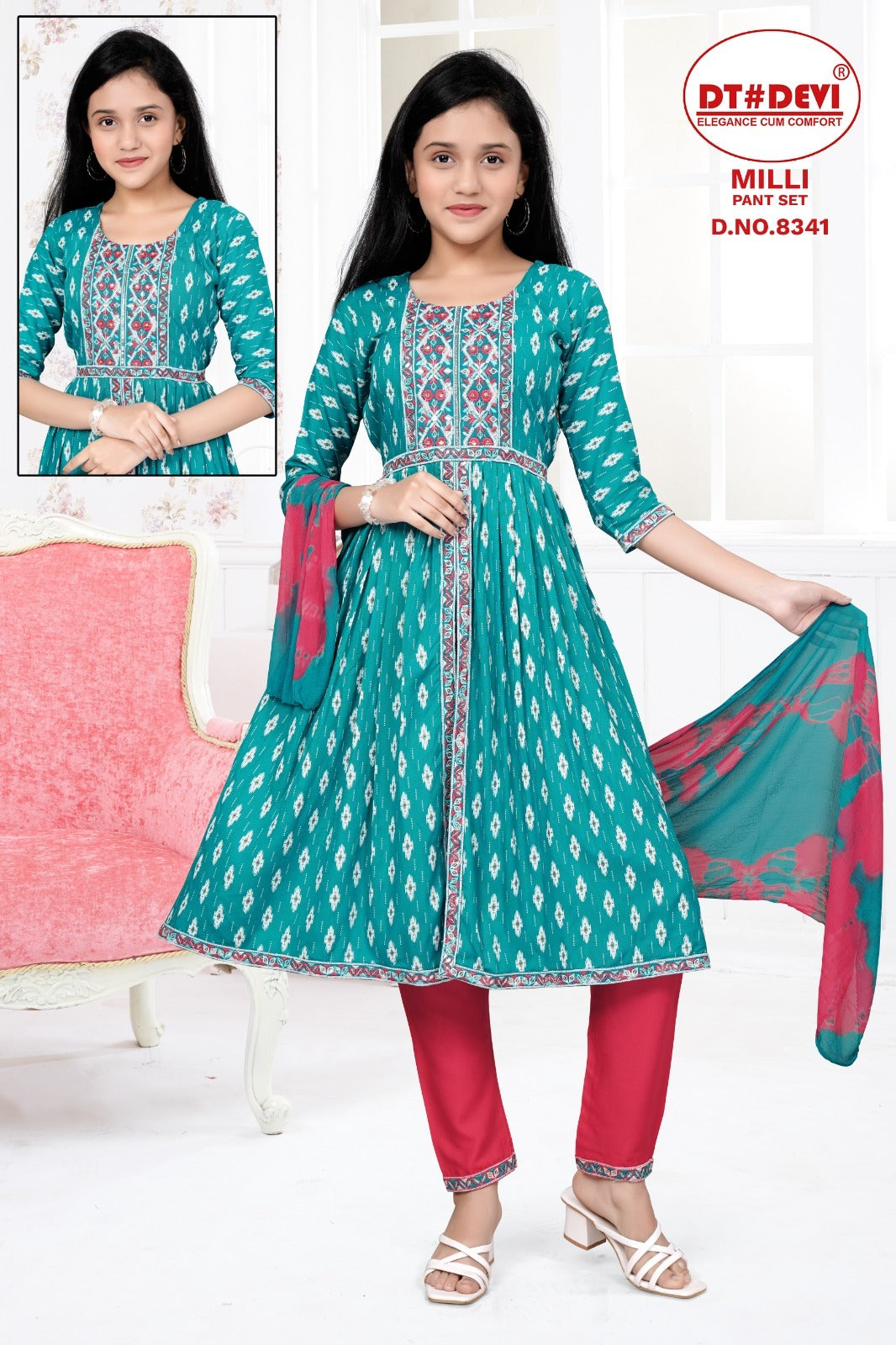 Milli-8341 Dt Devi Rayon Girls Readymade Pant Suits