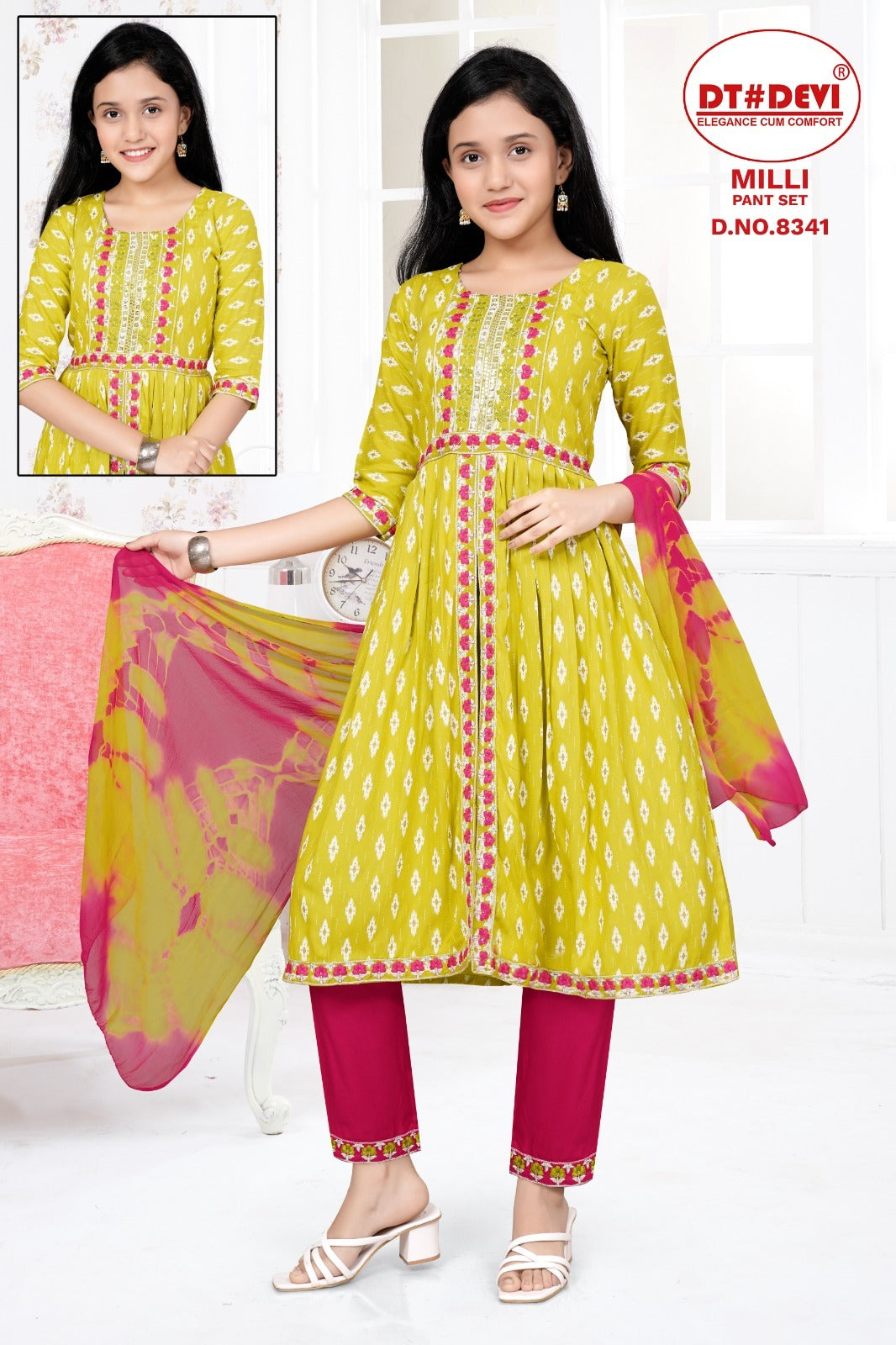 Milli-8341 Dt Devi Rayon Girls Readymade Pant Suits