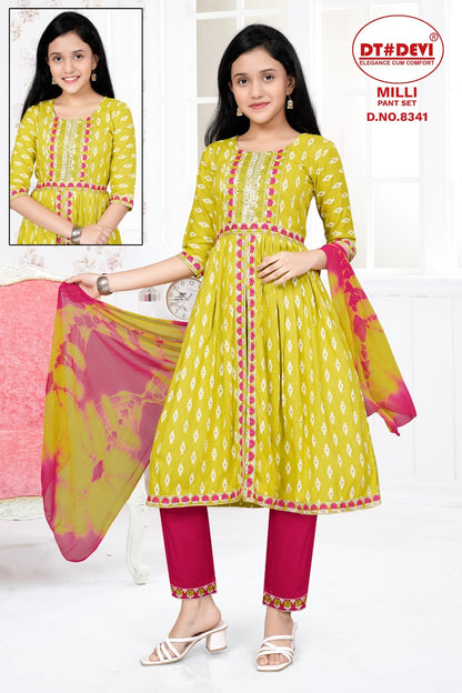 Milli-8341 Dt Devi Rayon Girls Readymade Pant Suits