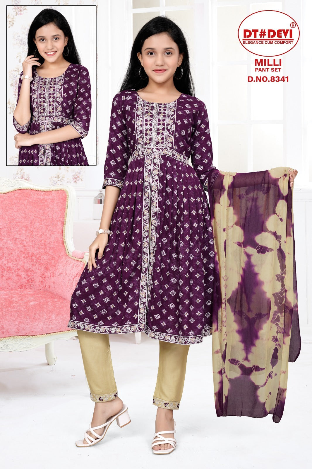 Milli-8341 Dt Devi Rayon Girls Readymade Pant Suits