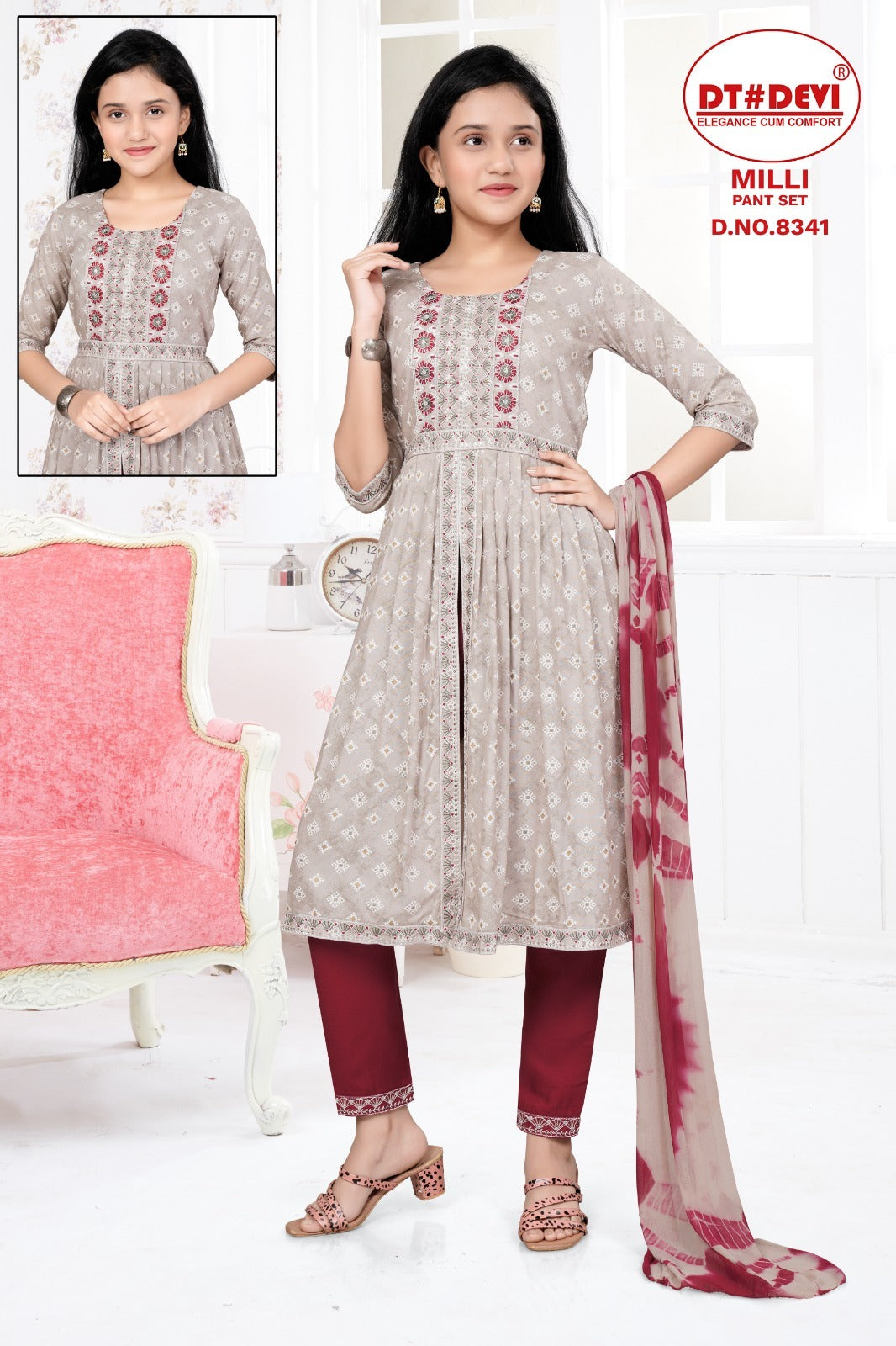 Milli-8341 Dt Devi Rayon Girls Readymade Pant Suits