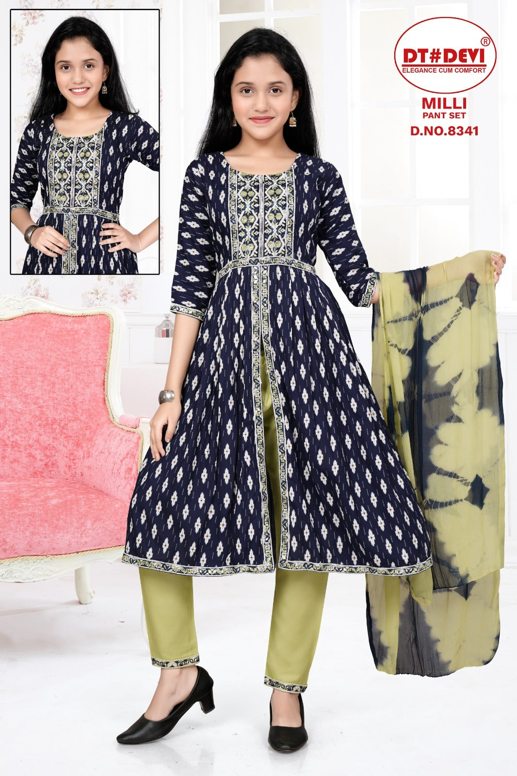 Milli-8341 Dt Devi Rayon Girls Readymade Pant Suits