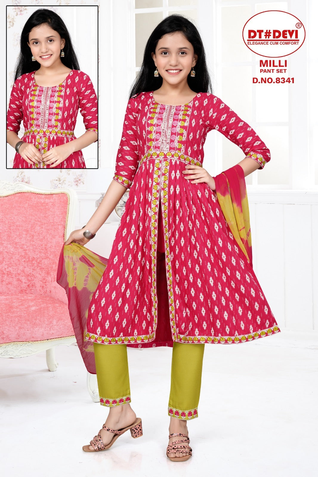 Milli-8341 Dt Devi Rayon Girls Readymade Pant Suits