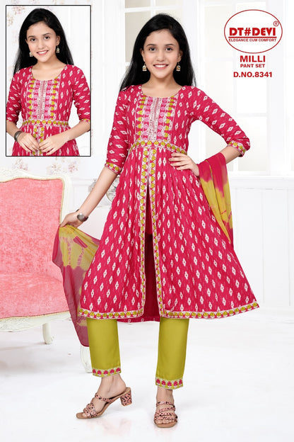 Milli-8341 Dt Devi Rayon Girls Readymade Pant Suits
