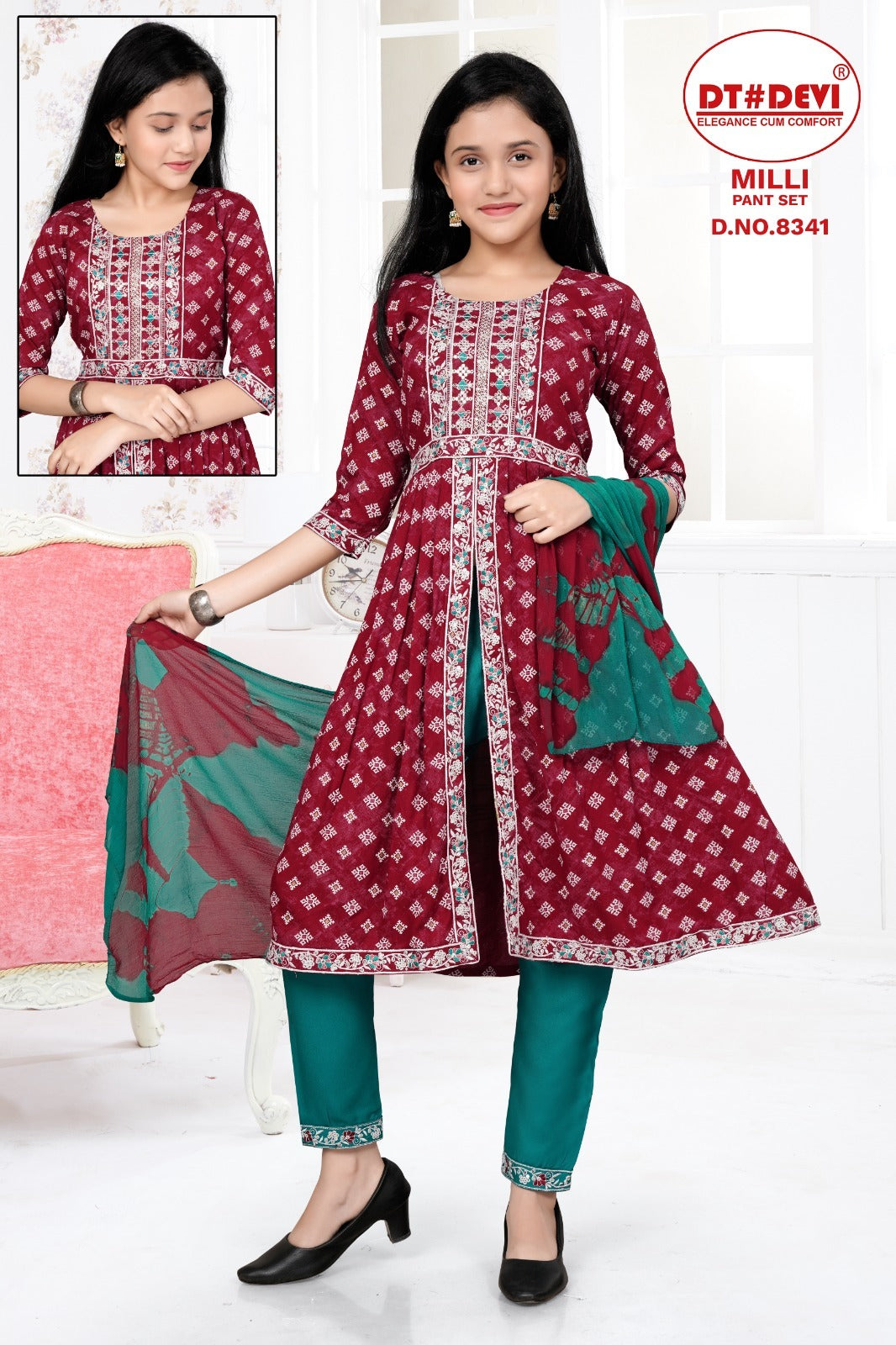 Milli-8341 Dt Devi Rayon Girls Readymade Pant Suits