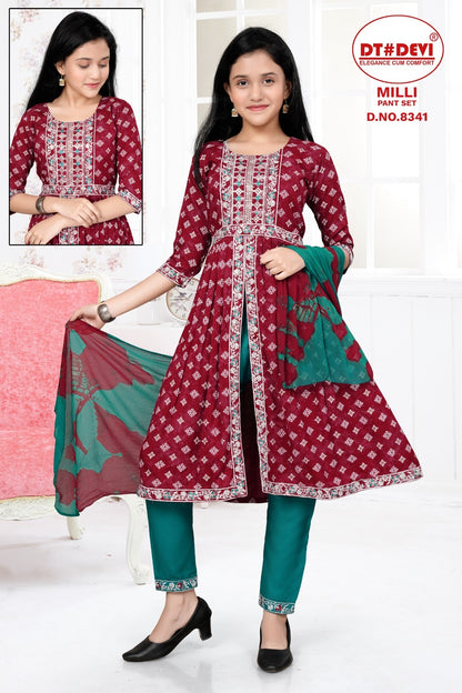 Milli-8341 Dt Devi Rayon Girls Readymade Pant Suits