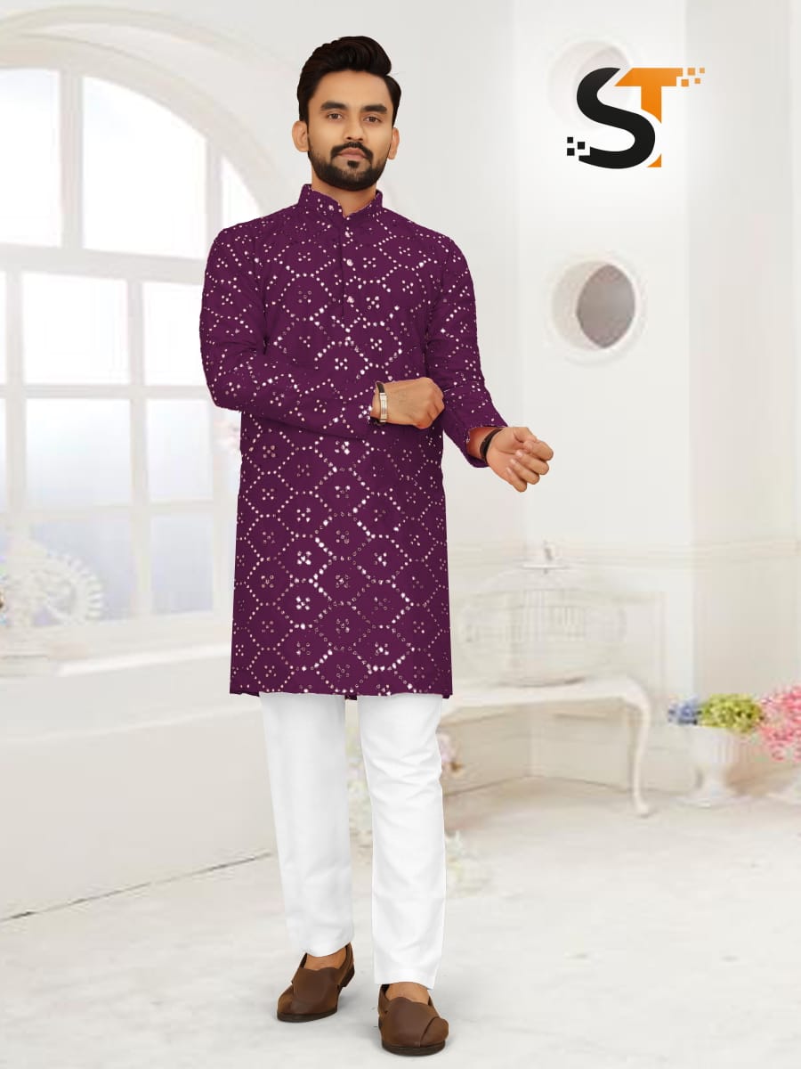 Mirror Work Salas Silk Mens Kurta