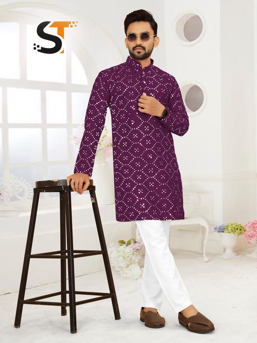 Mirror Work Salas Silk Mens Kurta