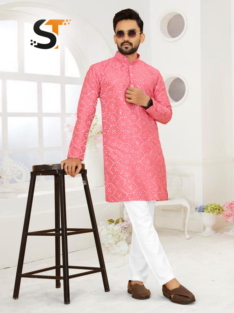 Mirror Work Salas Silk Mens Kurta