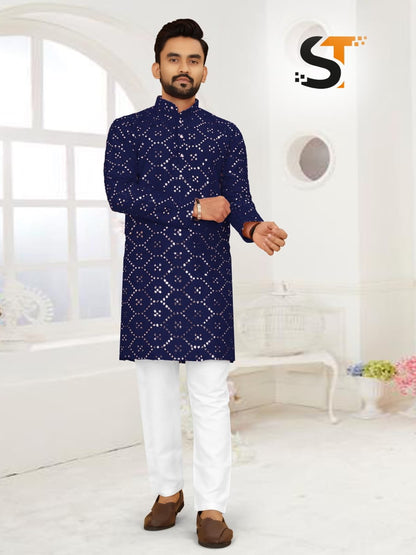 Mirror Work Salas Silk Mens Kurta