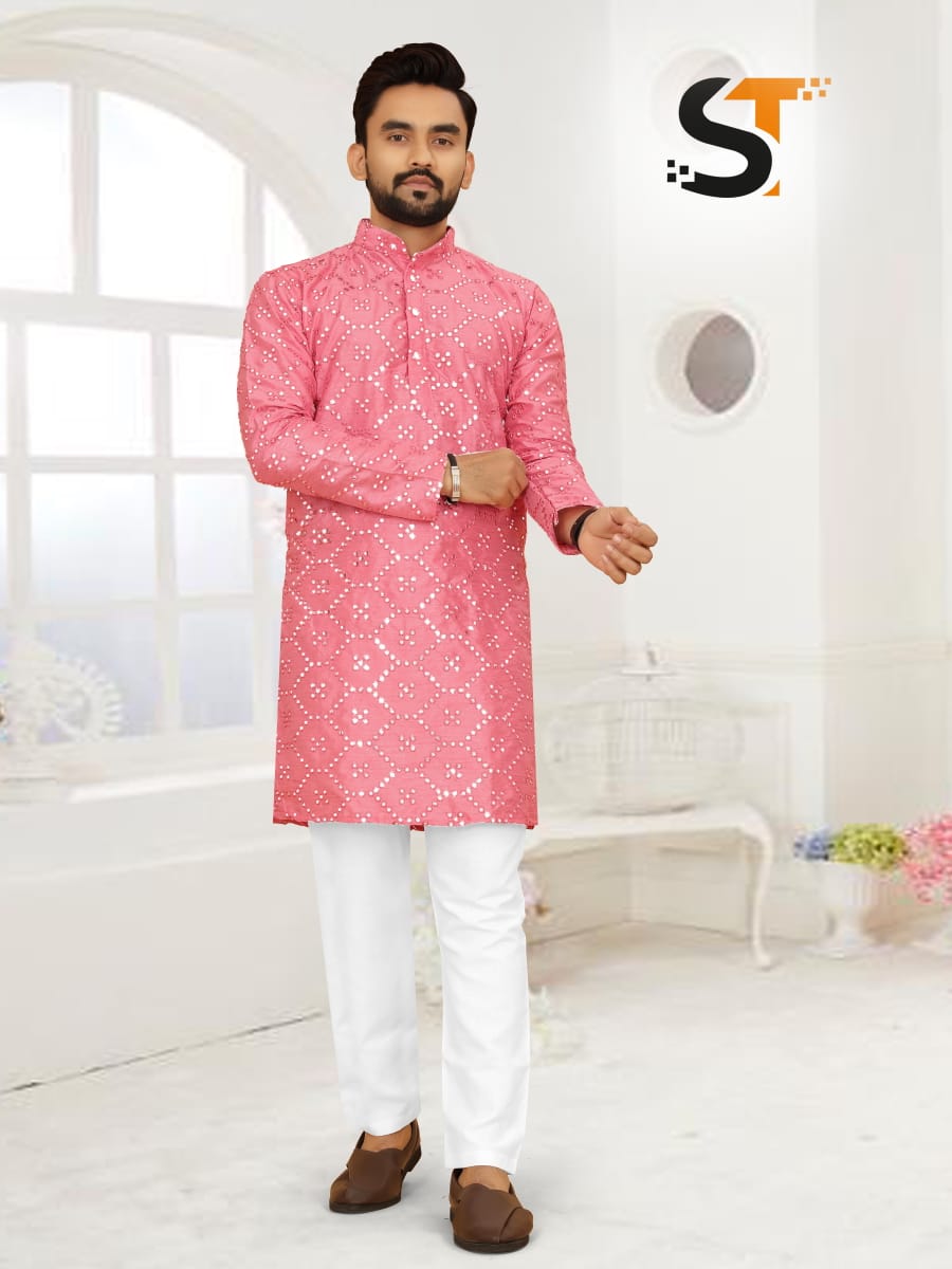 Mirror Work Salas Silk Mens Kurta