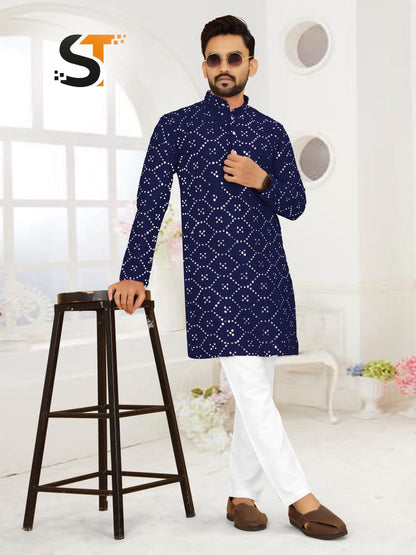 Mirror Work Salas Silk Mens Kurta
