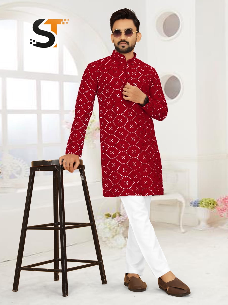 Mirror Work Salas Silk Mens Kurta