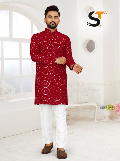 Mirror Work Salas Silk Mens Kurta