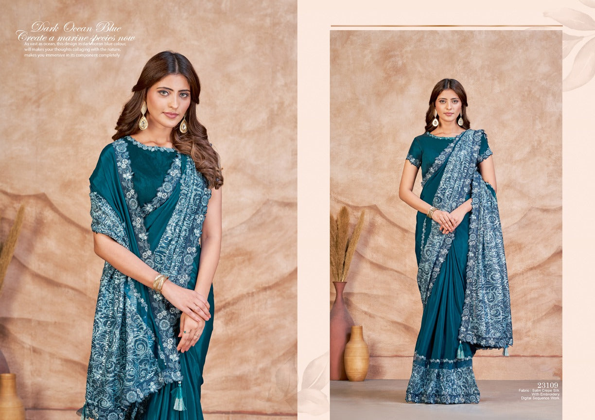 Designer Multi Color Pure Satin Silk Plain Saree, Wedding and Partywear  Wear Designer Silk Saree With Blouse, Bollywood Style Plain Saree - Etsy