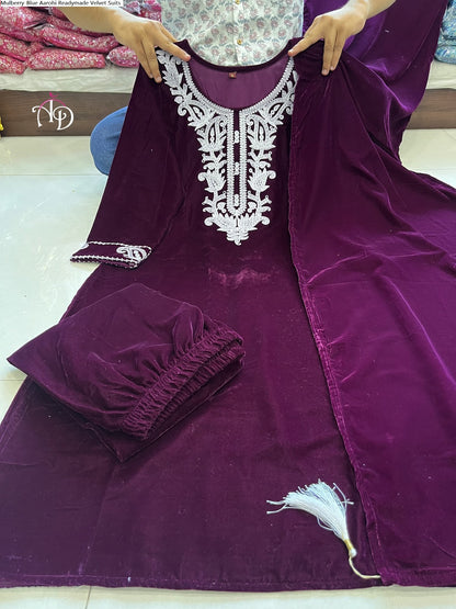 Mulberry-Blue Aarohi Readymade Velvet Suits