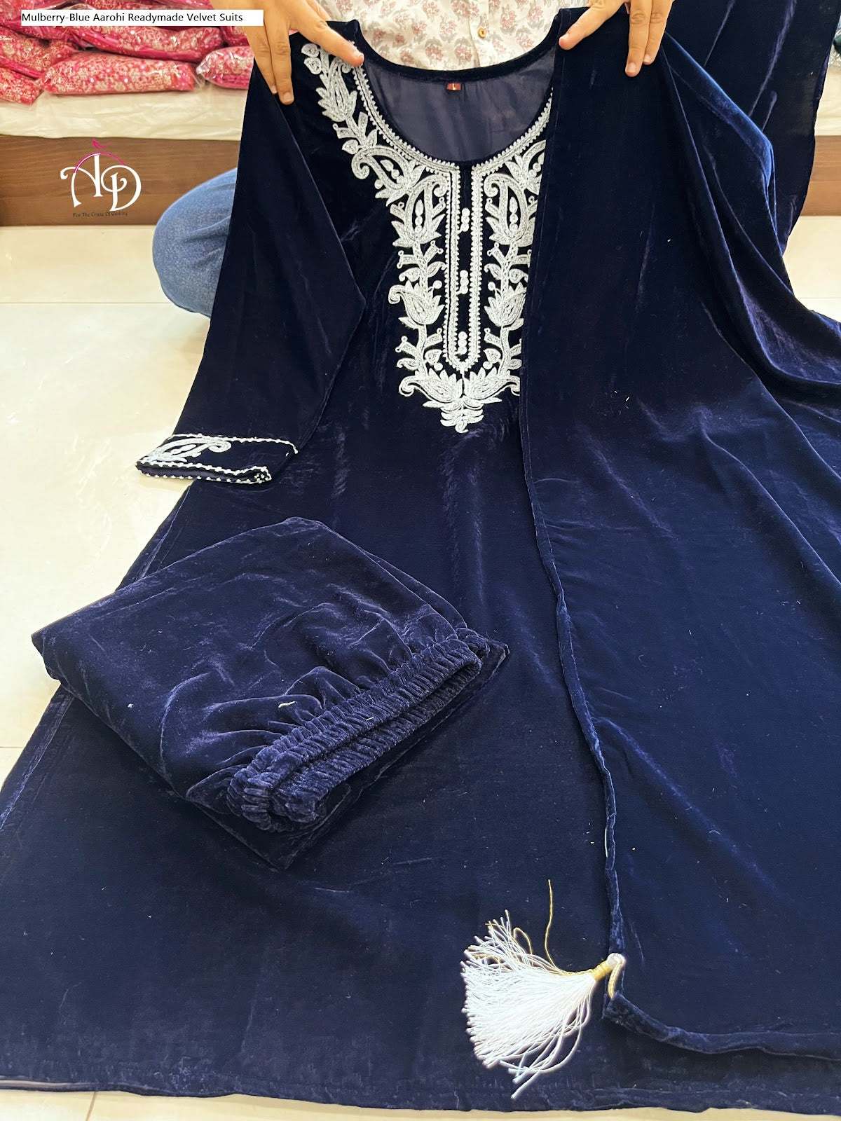 Mulberry-Blue Aarohi Readymade Velvet Suits