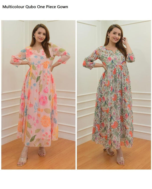 Multicolour Qubo Georgette One Piece Gown