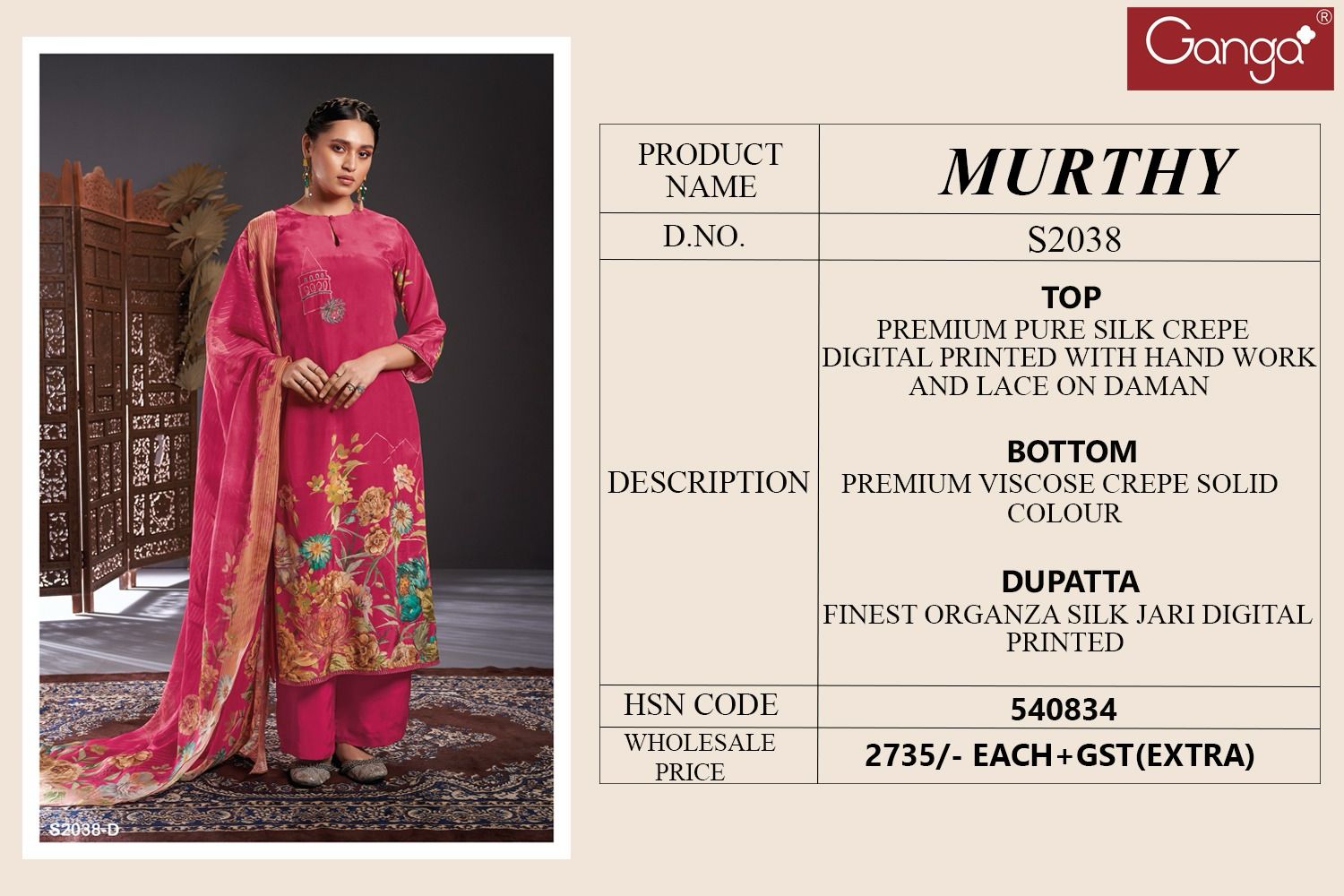 Murthy 2038 Ganga Silk Crepe Plazzo Style Suits