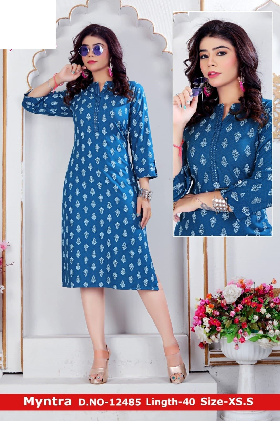 Buy Varanga Women Blue & Golden Embroidered Jacquard Kurta With Trousers -  Kurta Sets for Women 13930368 | Myntra