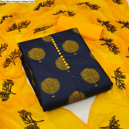 Navy Blue Gangour Slub Cotton Salwar Suits