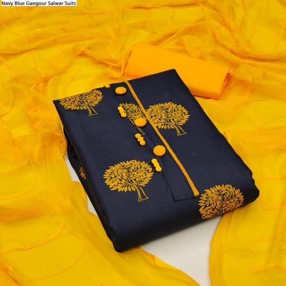 Navy Blue Gangour Slub Cotton Salwar Suits