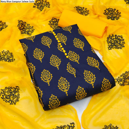 Navy Blue Gangour Slub Cotton Salwar Suits