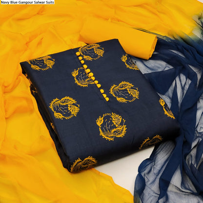 Navy Blue Gangour Slub Cotton Salwar Suits