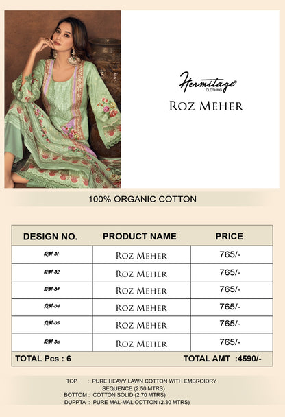 New Roz Meher Hermitage Clothing Lawn Cotton Karachi Salwar Suits