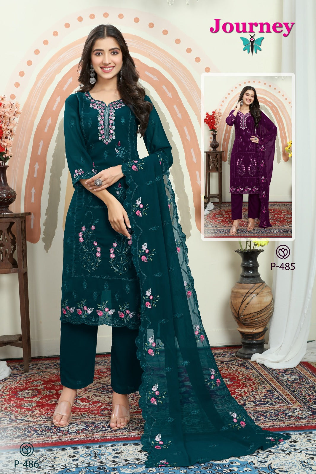 P 485 N 486 Journey Design Georgette Readymade Pant Style Suits