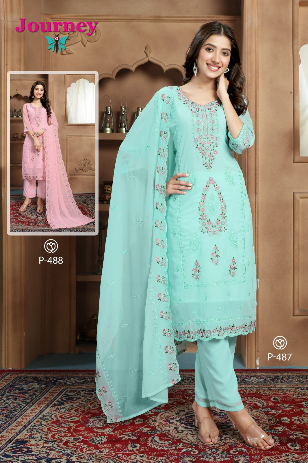 P 487 N 488 Journey Design Georgette Readymade Pant Style Suits