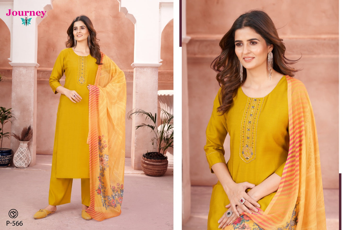 P 566-567 Journey Design Silk Readymade Pant Style Suits