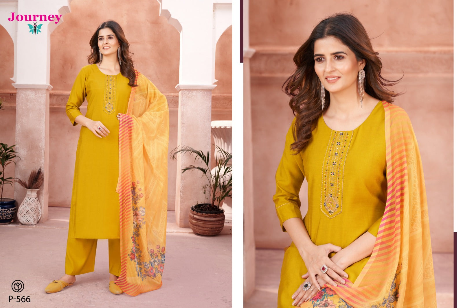 P 566-567 Journey Design Silk Readymade Pant Style Suits