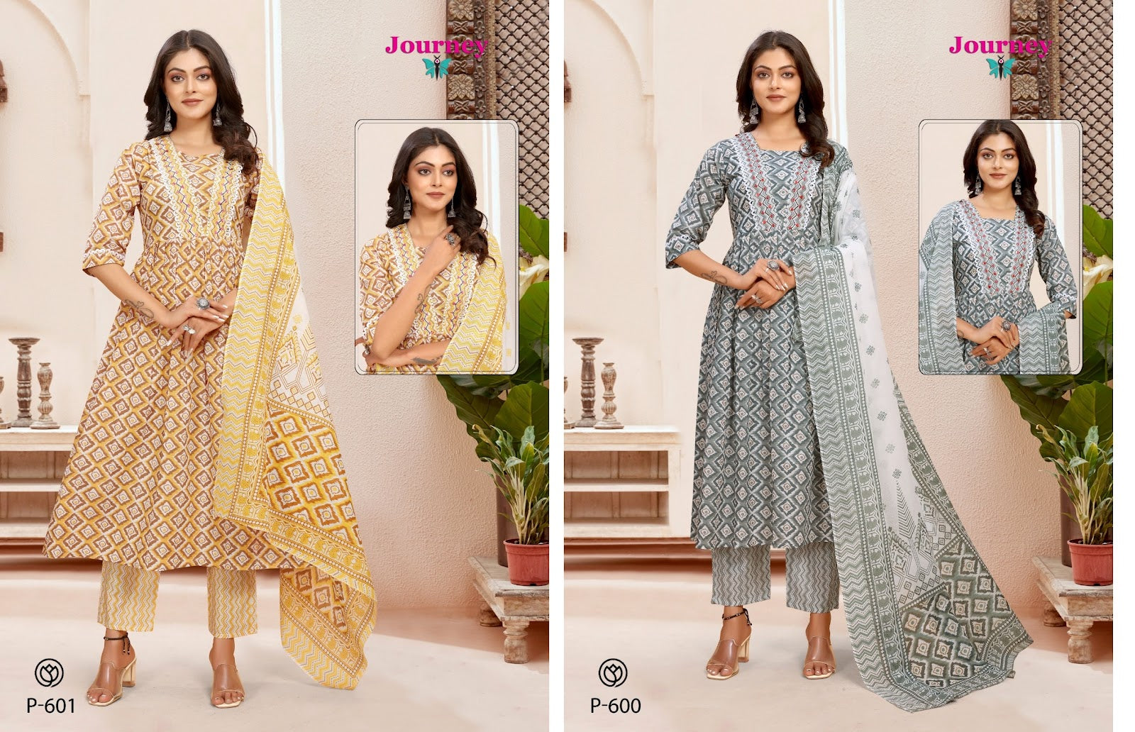 P 600-601 Journey Design Cambric Readymade Pant Style Suits