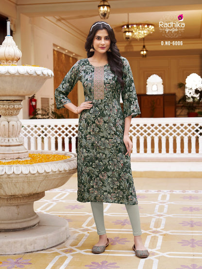 Pahel Vol 6 Radhika Lifestyle Liva Reyon Long Straight Kurti