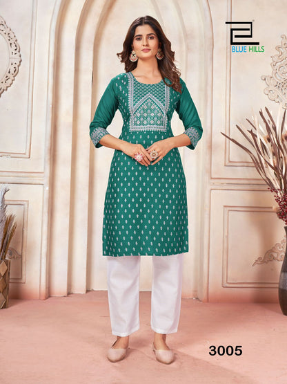 Peacock Vol 3 Blue Hills Rayon 14Kg Knee Length Kurtis