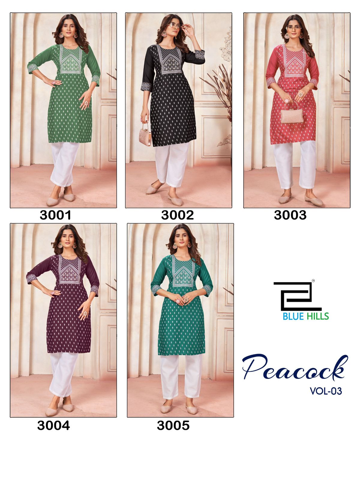 Peacock Vol 3 Blue Hills Rayon 14Kg Knee Length Kurtis