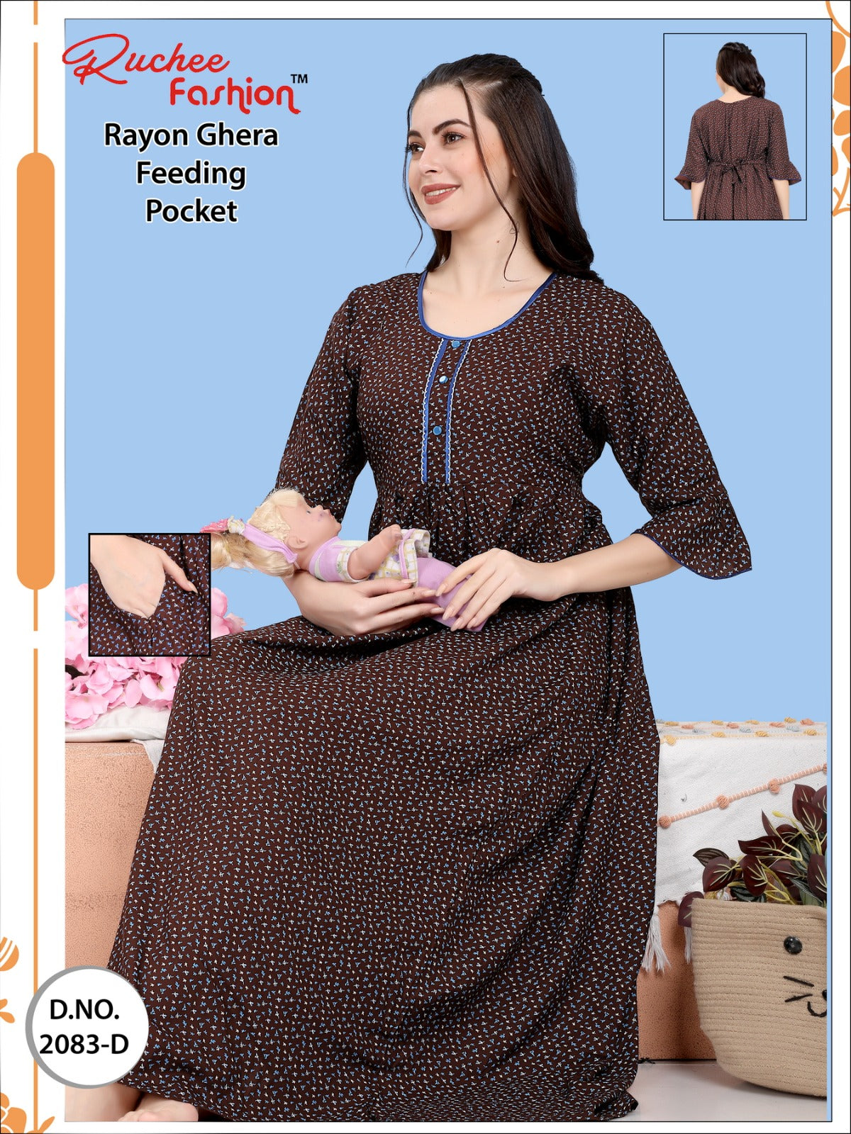 Pocket-010124 Ruchee Fashion Feeding Night Gown