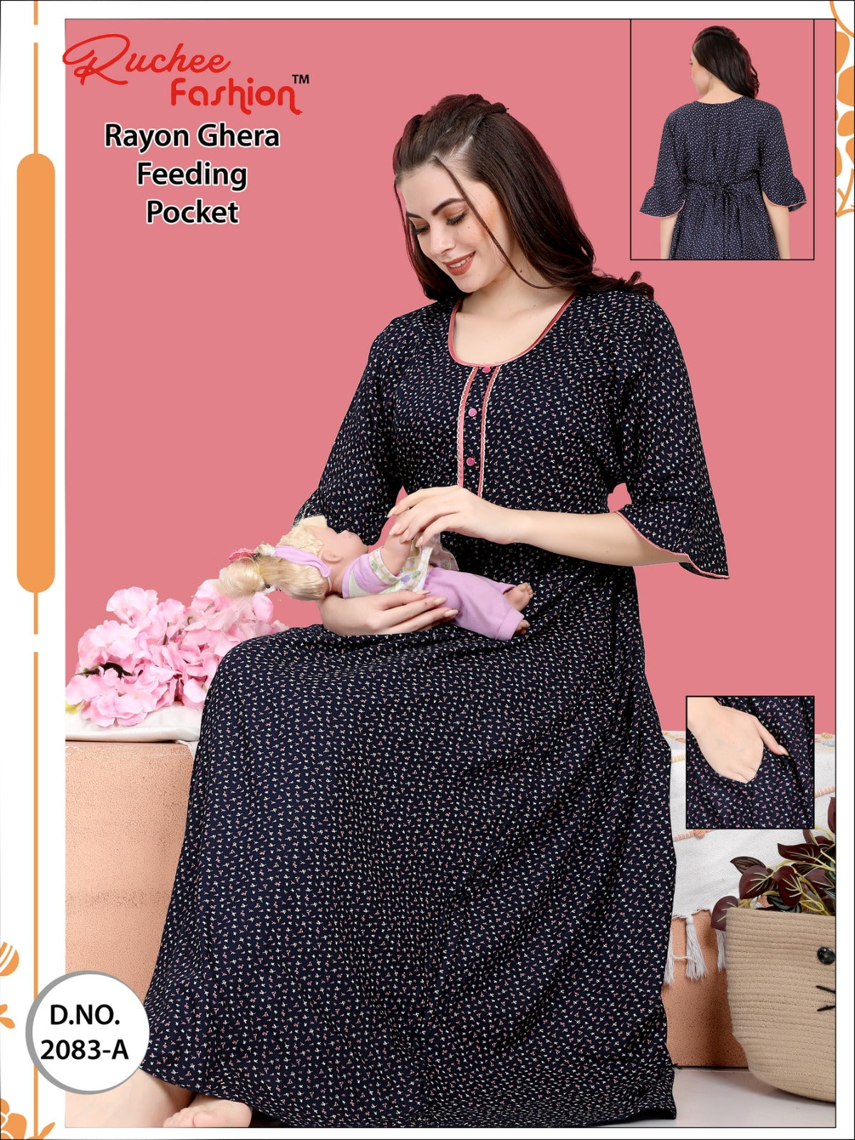 Pocket-010124 Ruchee Fashion Feeding Night Gown