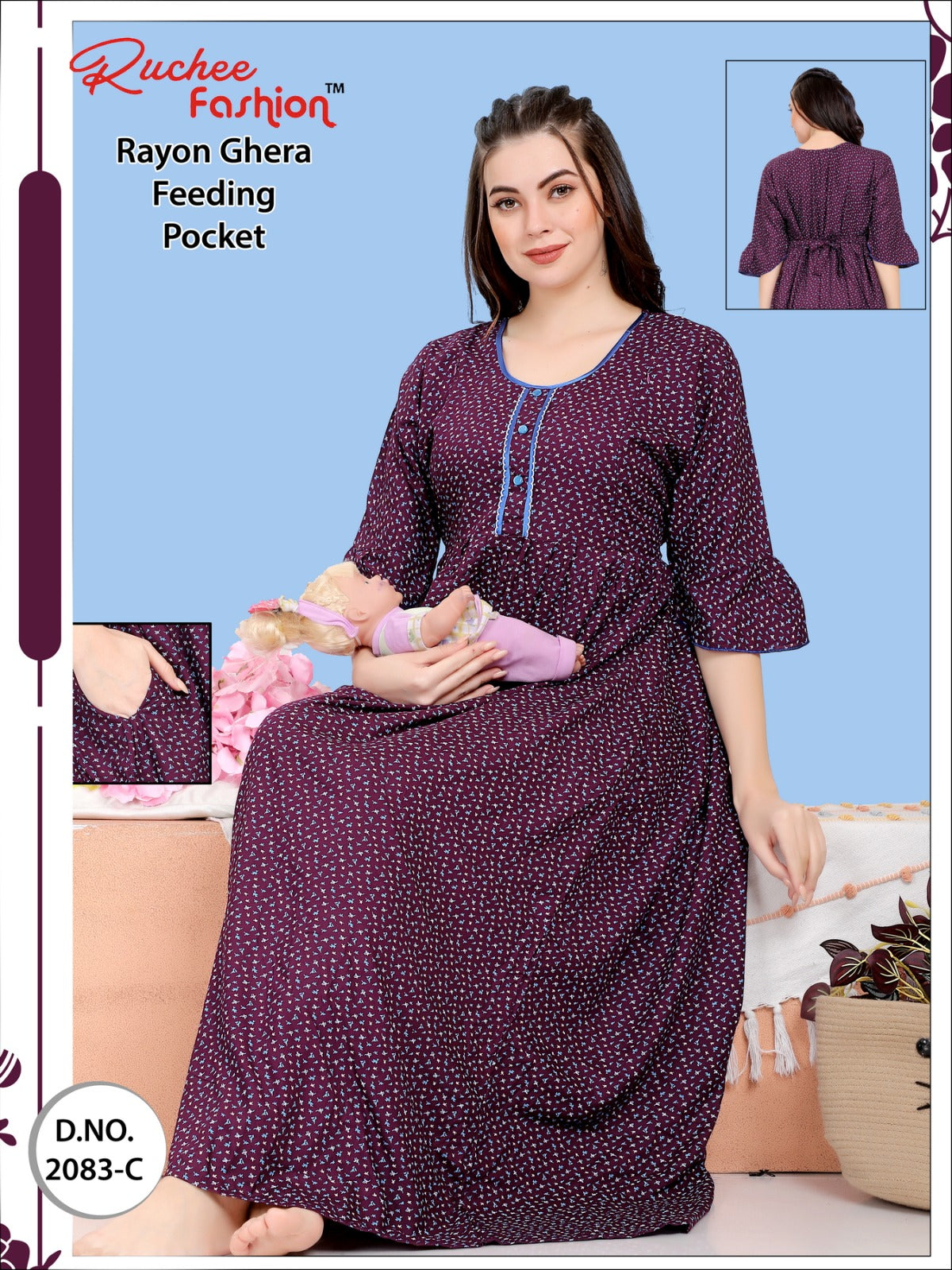 Pocket-010124 Ruchee Fashion Feeding Night Gown