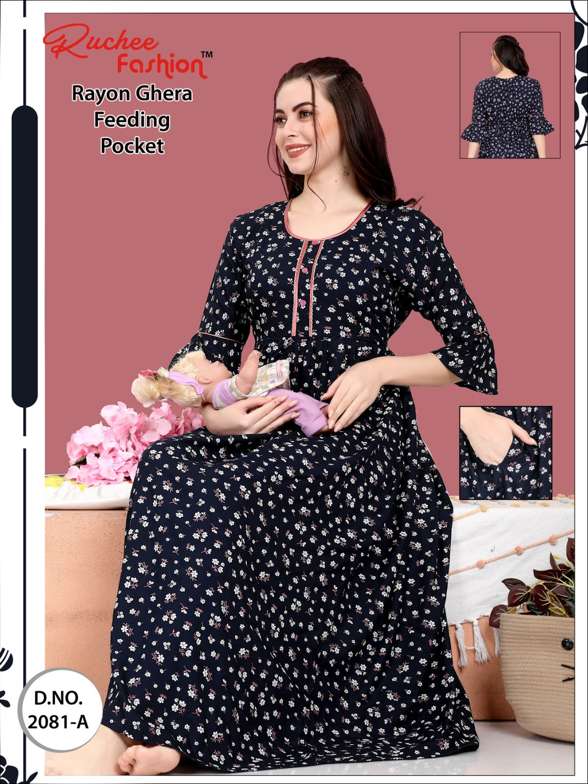 Pocket-010124 Ruchee Fashion Feeding Night Gown