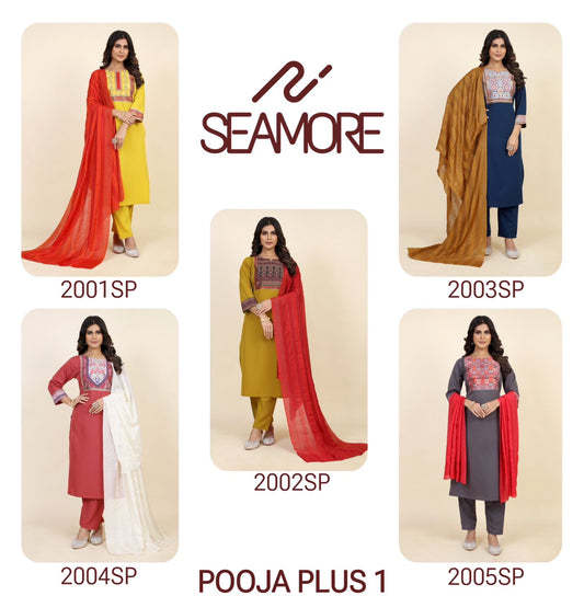 Pooja Plus 1 Seamore Crepe Readymade Pant Style Suits