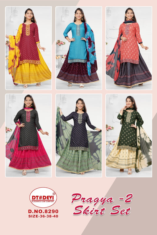 Pragya Vol 2-8290 Dt Devi Rayon Girls Readymade Skirt Style Suits