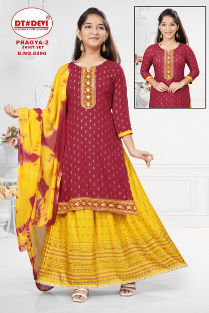 Pragya Vol 2-8290 Dt Devi Rayon Girls Readymade Skirt Style Suits